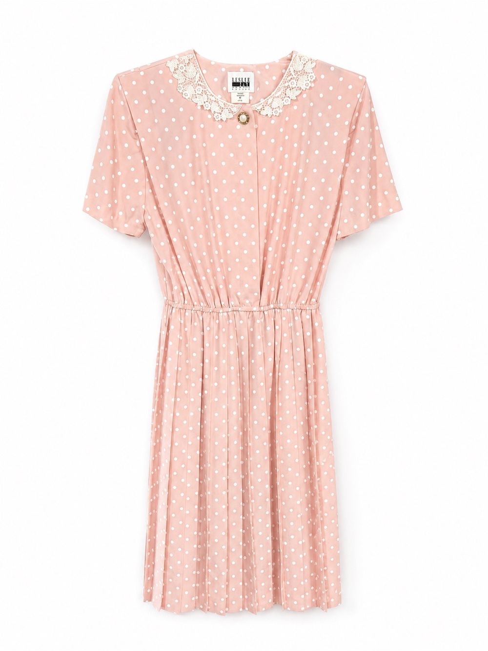 90s style Leslie Fay Blush Pink Polka Dot Dress with Lace Collar
